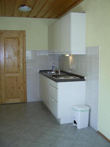 a kitchen with white cabinets and a sink and a toilet at Penzion Rozalie in Horní Planá