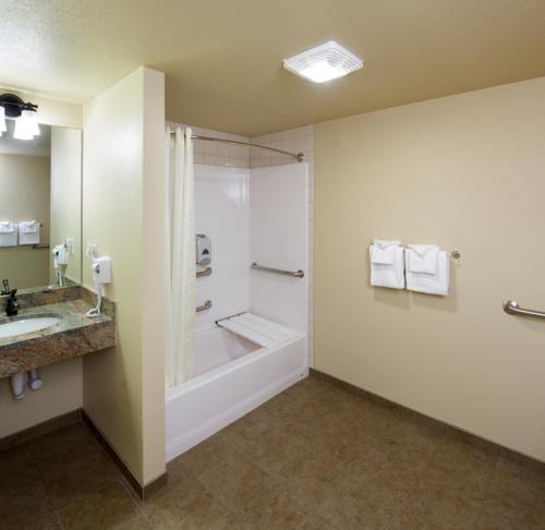 a bathroom with a shower and a tub and a sink at YMCA of the Rockies in Estes Park