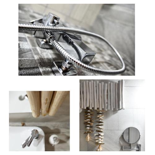 a collage of pictures of a bathroom sink with a hose at Angelos Boutique Suites in Patitiri