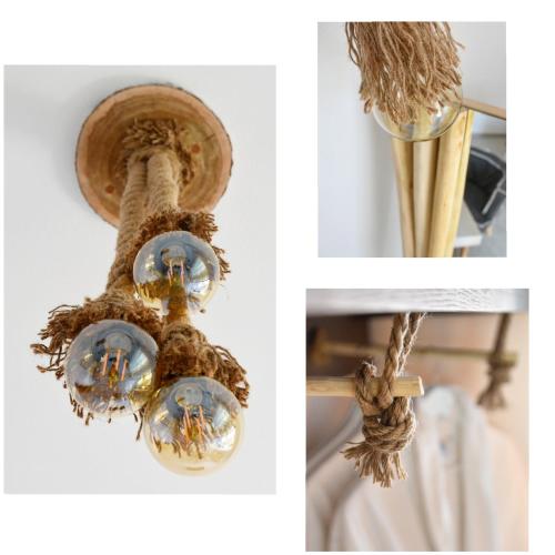 a collage of two pictures of a light fixture at Angelos Boutique Suites in Patitiri