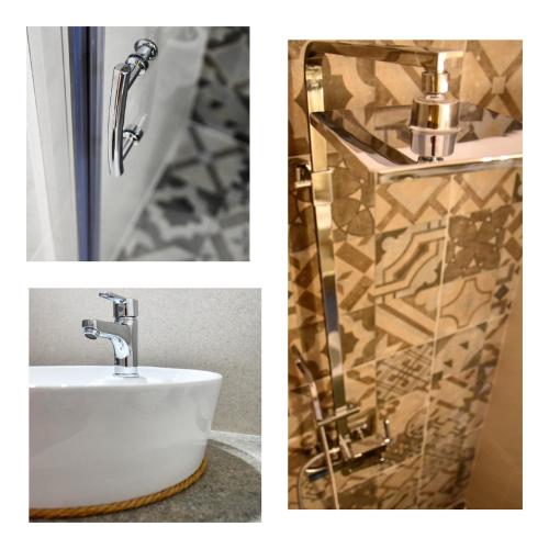 a bathroom with a sink and a faucet at Angelos Boutique Suites in Patitiri