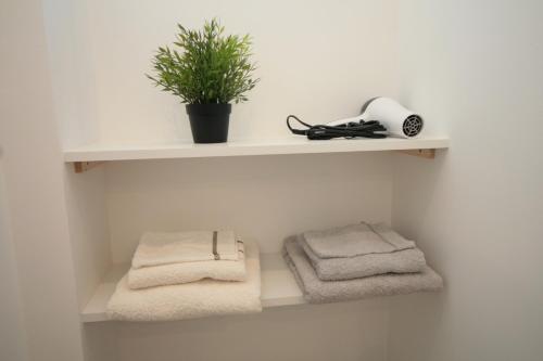 a shelf with towels and a potted plant on it at Comme à la Maison - CENTRE-VILLE in Saint-Quentin