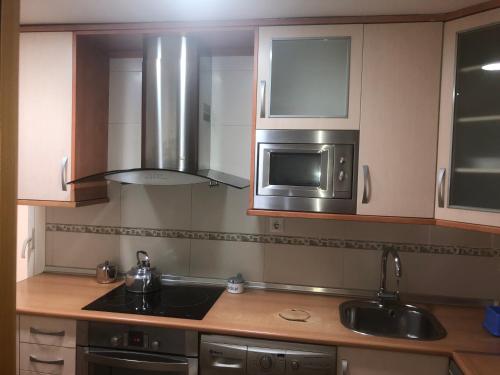 a kitchen with a sink and a microwave at Piso Avenida de Madrid in Zaragoza