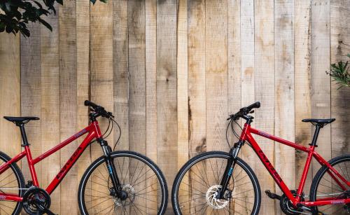 two red bikes parked next to a wooden wall at Terasse Jeruzalem Apartments in Hermanci