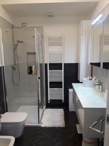 uma casa de banho com um chuveiro, um WC e um lavatório. em Atelier Marche em Castelfidardo