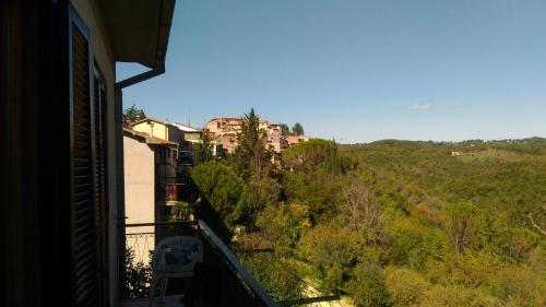 uma varanda de uma casa com vista para uma floresta em El pueblecito em Oliveto