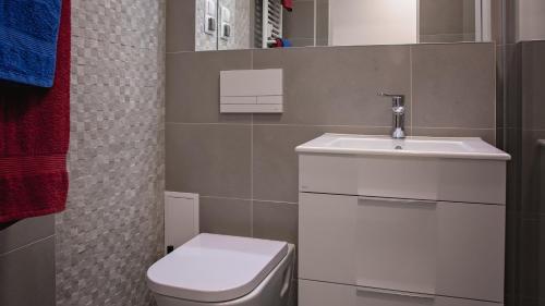 La salle de bains est pourvue d'un lavabo blanc et de toilettes. dans l'établissement Apartament Piano 3, à Racibórz