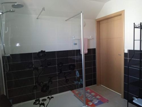 a bathroom with a shower with black tile at Etape au Calme à 4Km du Center de Reims in Reims