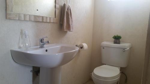 a bathroom with a sink and a toilet and a mirror at A Home Away from Home in Saint Michael