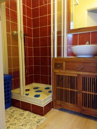 une salle de bain avec une douche, un lavabo et un miroir dans l'établissement T3 Calme et Lumineux entre mer et centre bourg, à Cancale