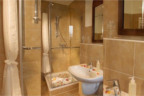 een badkamer met een wastafel en een douche bij BinzHotel Landhaus Waechter in Binz