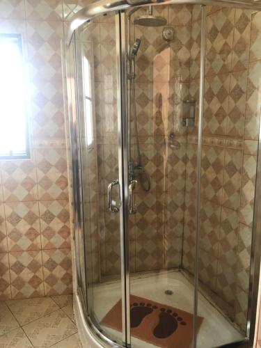 a shower with a glass door in a bathroom at Northern Rock Hotel in Mpika