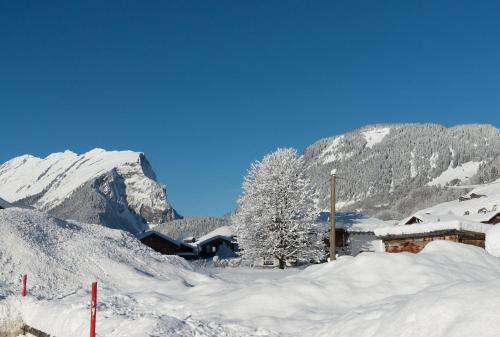 a ski lodge in the snow with mountains in the background at Ferienbauernhof Moosbrugger in Schoppernau