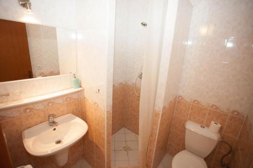 a bathroom with a toilet and a sink and a shower at Hotel Taxis Bratislava in Bratislava