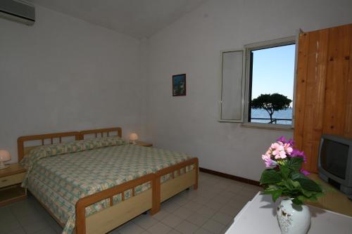 a bedroom with a bed and a television and a vase of flowers at Hotel Club Poseidon in Stalettì