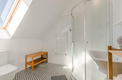 a bathroom with a shower and a sink and a toilet at Stara Szkola Trzcin 20 in Trzcin