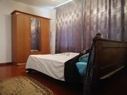 1 dormitorio con 1 cama y pared de madera en Authentic apartment in the centre en Chişinău