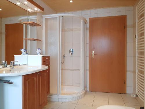 a bathroom with a shower and a sink at An der Sonnenwiese in Prerow