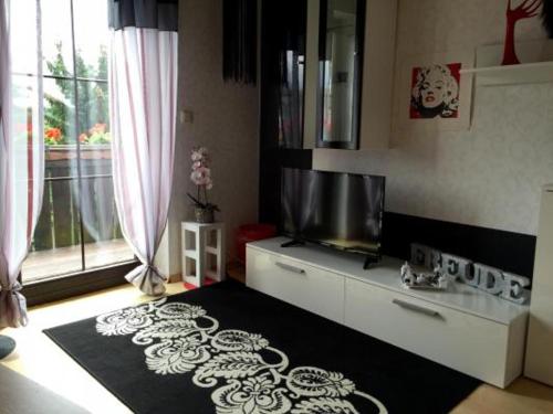 sala de estar con alfombra blanca y negra en Gemütliche Ferienwohnung im Thüringer Wald, nahe des Rennsteigs - pure Erholung, en Schmiedefeld am Rennsteig