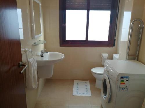 a bathroom with a sink and a washing machine at Apartamentos Colmado in Sanxenxo