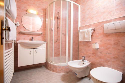 y baño con aseo y ducha. en Garni Rives, en Ortisei