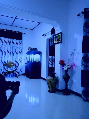 a living room with a blue lighted room with vases at Gloriya Mathews in Negombo