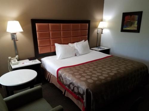 a hotel room with a large bed and a chair at Ramada by Wyndham Temple Terrace/Tampa North in Tampa