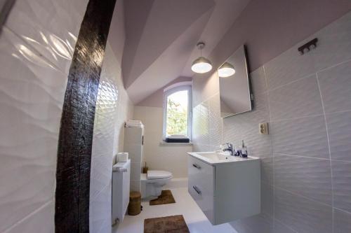 a bathroom with a sink and a toilet and a window at Apartamenty Wiakówka in Kazimierz Dolny