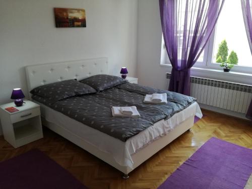 1 dormitorio con cama y alfombra morada en Apartman ANE en Sarajevo