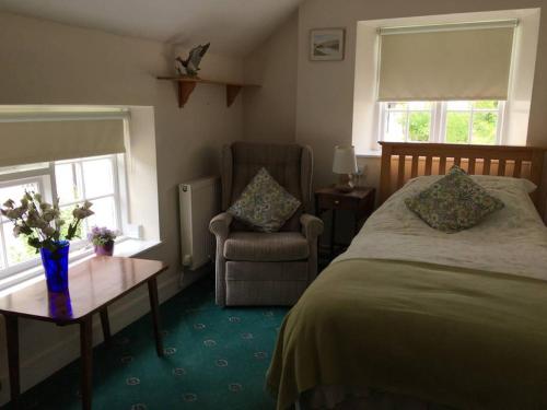 a bedroom with a bed and a chair and a table at Canol y Llan in Machynlleth
