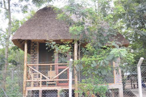 a small tree house with a thatch roof at Irungu Forest Safari Lodge in Katunguru