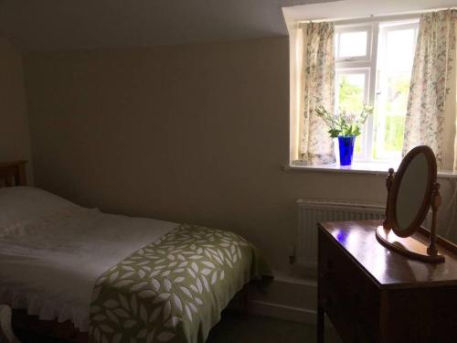 a bedroom with a bed and a window with a mirror at Canol y Llan in Machynlleth