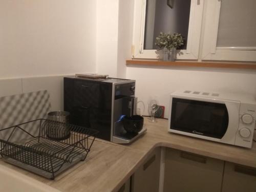 a kitchen counter with a microwave on a counter top at Studio Iwicka in Warsaw