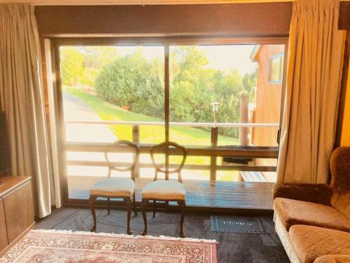 a living room with two chairs and a large window at Cosy studio apartment in Christchurch