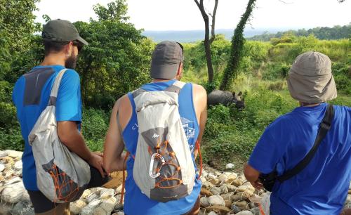 three men walking down a trail with a bike in a backpack at Hotel Rhinoceros-Homestay in Sauraha