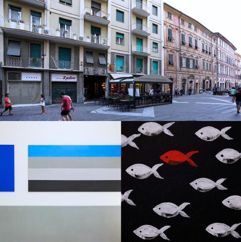a collage of two pictures of a street with a building at Galleria 38 in La Spezia