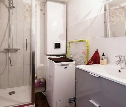 uma pequena casa de banho branca com um lavatório e um chuveiro em Le Tanneur, au coeur de Ribeauvillé em Ribeauvillé