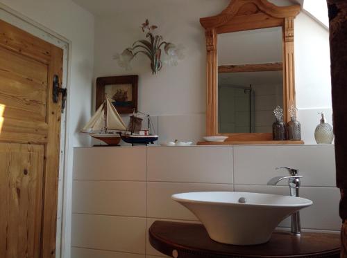 a bathroom with a sink and a mirror at Separate Gästewohnung in Plockhorst
