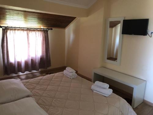 a bedroom with a large bed and a television at Hotel EDEA in Korçë