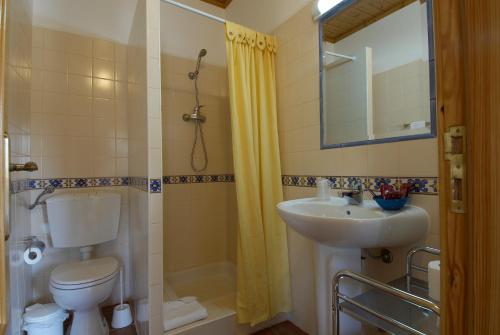 a bathroom with a toilet and a sink and a mirror at Nave Redonda do Cerro – Countryside & Nature in Nave Redonda