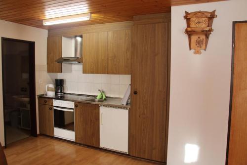 a kitchen with wooden cabinets and a counter top at Haus Wiedersehn in Blitzingen