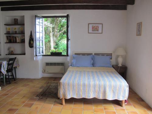 a bedroom with a bed with blue pillows and a window at Cottage Poppy in Tursac