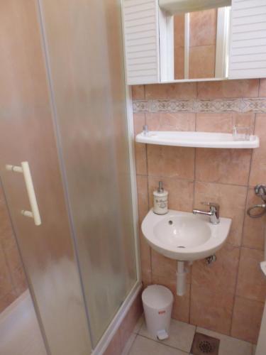 a bathroom with a shower and a sink and a toilet at City Center Room Olivia in Hvar