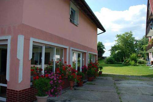 a pink building with potted flowers outside of it at Schronisko Młodzieżowe Małgosia in Łazy
