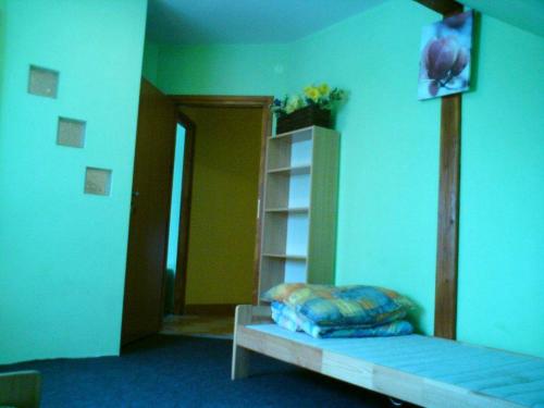 a room with a bed and a book shelf at Schronisko Młodzieżowe Małgosia in Łazy