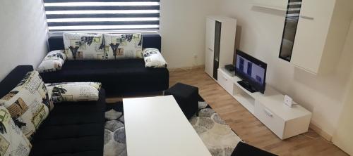 a living room with a black couch and a tv at Apartman Košuta 2 in Tjentište