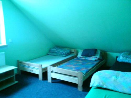 two beds in a room with green walls at Schronisko Młodzieżowe Małgosia in Łazy