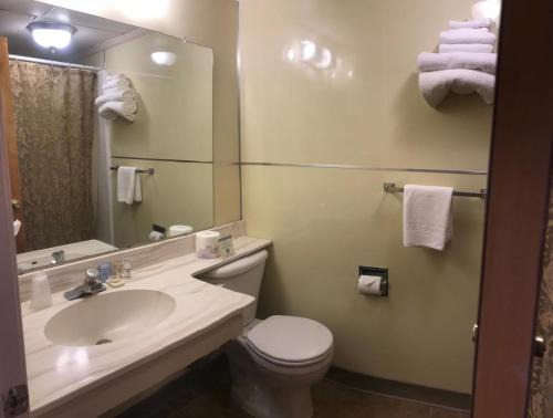 a bathroom with a sink and a toilet and a mirror at Boulder Lodge in June Lake