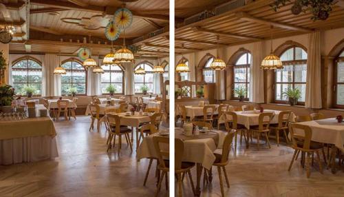 due foto di un ristorante con tavoli e sedie di Hotel Restaurant Goger a Hassfurt