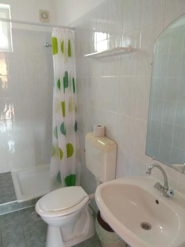 a white bathroom with a toilet and a sink at Hubertus Panzió in Csongrád